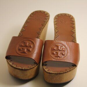 Tory Burch Women's Patty Leather Platform Wedge Slide Sandals Brown - Size 9